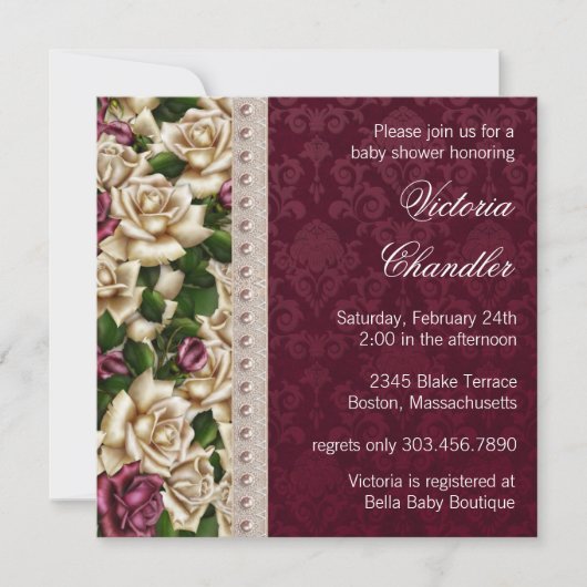 Ivory Parels Roze Rose Damask Baby Meisje Douche Kaart (Voorkant)