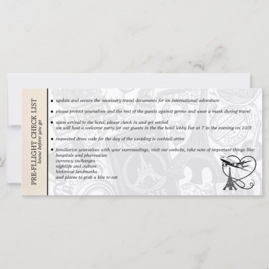 Ivory Paris Bruiloft Boarding Pass Uitnodiging (Achterkant)