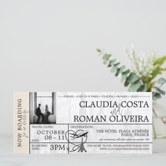 Ivory Paris Bruiloft Boarding Pass Uitnodiging (Staand voorkant)