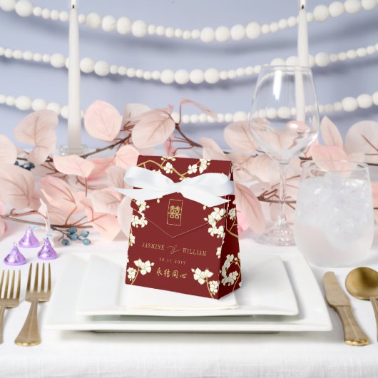 Ivory Peach/Plum Blossom Double Happiness Wedding Bedankdoosjes (Huwelijk)