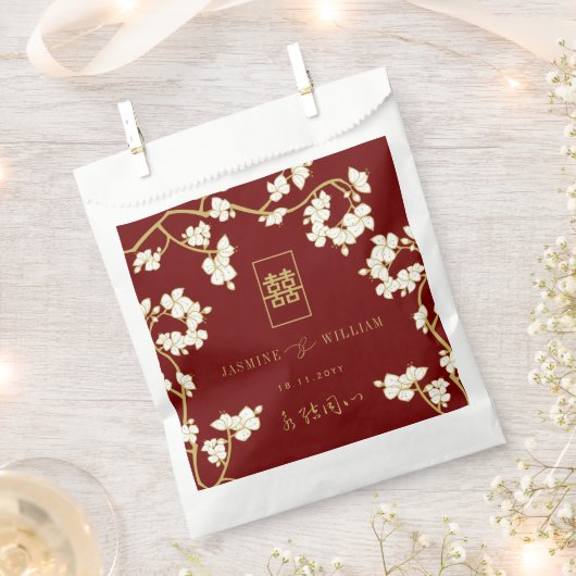 Ivory Peach/Plum Blossom Double Happiness Wedding Bedankzakje (Geknipt)