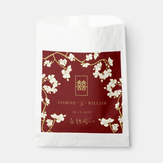 Ivory Peach/Plum Blossom Double Happiness Wedding Bedankzakje (Voorkant)