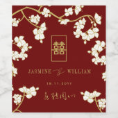 Ivory Peach/Plum Blossom Double Happiness Wedding Wijn Etiket (Enkel label)