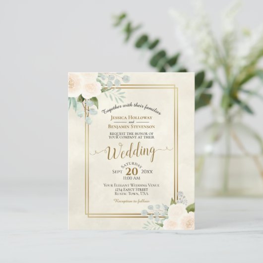 Ivory Peach Rozen Chic BUDGET Weduwuitnodiging (Staand voorkant)