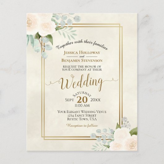 Ivory Peach Rozen Chic BUDGET Weduwuitnodiging (Voorkant)