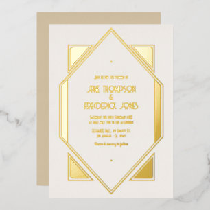 Ivory Pearl & Gold Gatsby Art Deco Trouwkaart Folie Uitnodiging
