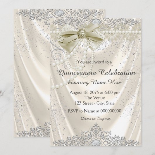 Ivory Pearl Satin Quinceanera Kaart (Voorkant / Achterkant)