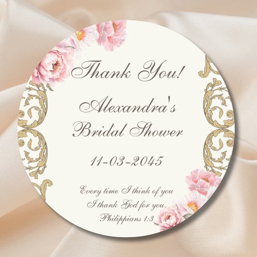 Ivory Peony Christian Bridal Shower Thank You Ronde Sticker