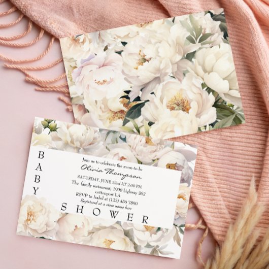 Ivory Peony Floral Neutral Baby Shower Kaart