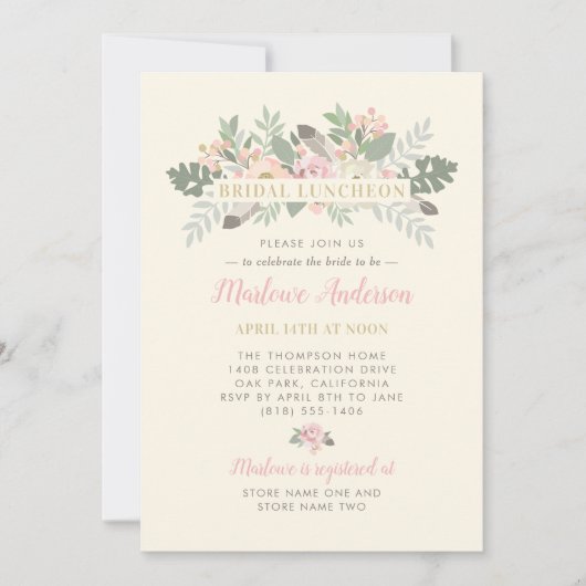Ivory Pink and Gold Floral Boho Bridal Luncheon Kaart (Voorkant)