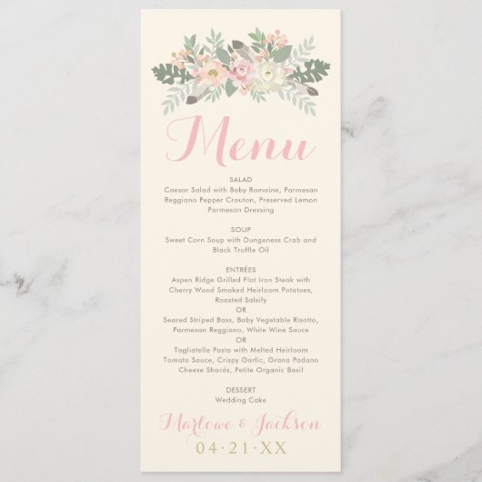 Ivory Pink and Gold Floral Boho Wedding Dinner Menu (Voorkant)