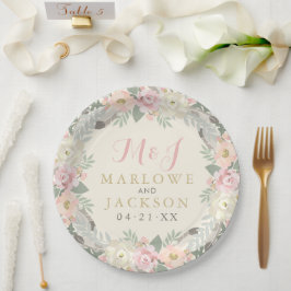 Ivory Pink and Gold Floral Boho Wedding Monogram Papieren Bordje