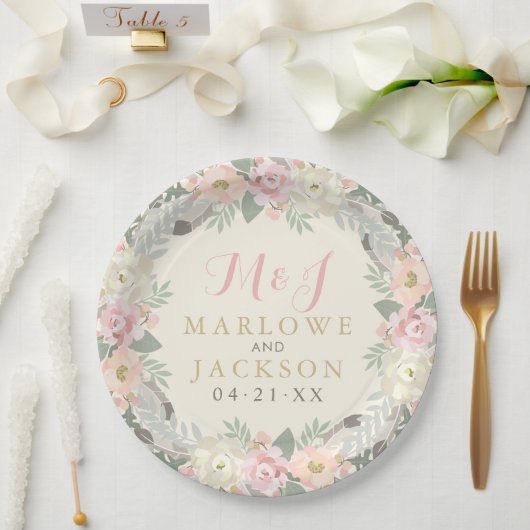 Ivory Pink and Gold Floral Boho Wedding Monogram Papieren Bordje (Huwelijk)