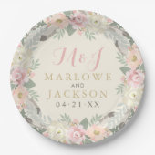 Ivory Pink and Gold Floral Boho Wedding Monogram Papieren Bordje (Voorkant)