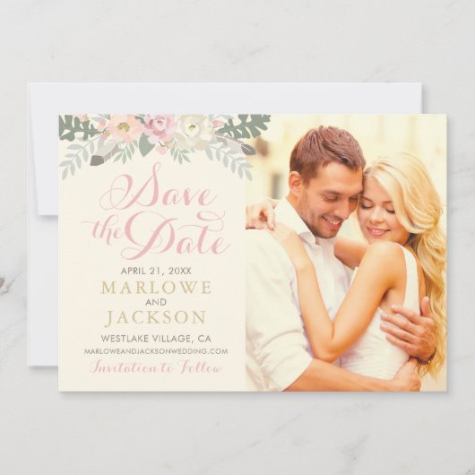 Ivory Pink and Gold Floral Boho Wedding Photo Save The Date (Voorkant)