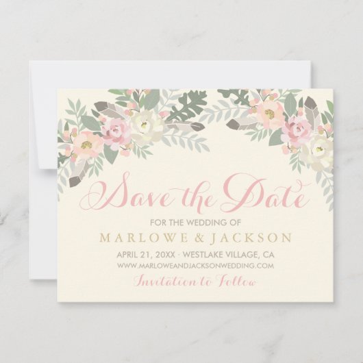 Ivory Pink and Gold Floral Boho Wedding Photo Save The Date (Voorkant)