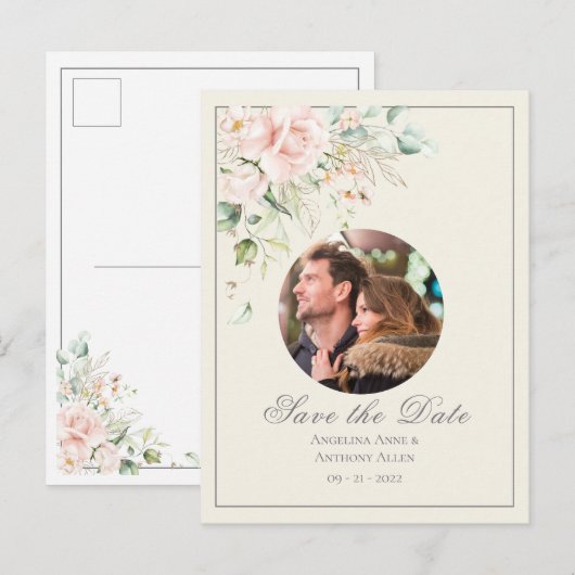 Ivory Pink Blush Waterverf Foto Floral Weddenschap Aankondigingskaart (Voorkant / Achterkant)