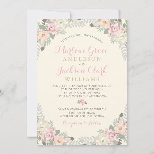 Ivory Pink en Gold Floral Boho Wedding Kaart (Voorkant)