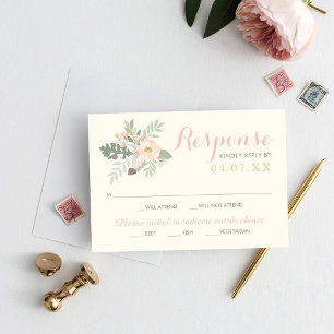Ivory Pink en Gold Floral Boho Wedding RSVP Kaartje