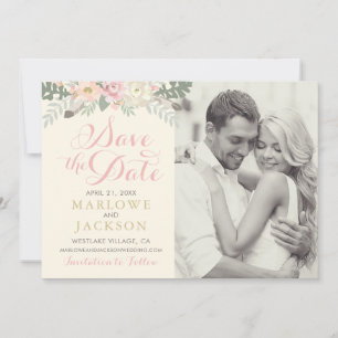 Ivory Pink en Gold Floral Boho Wedding Save The Date