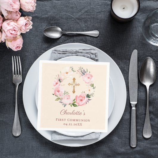 Ivory pink floral wreath First Communion luncheon Servet