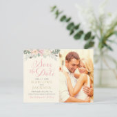 Ivory Pink Gold Floral Boho Foto opslaan Datum Aankondigingskaart (Staand voorkant)