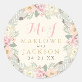 Ivory Pink Gold Floral Boho Wedding Monogram Ronde Sticker