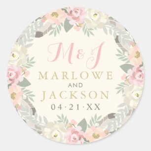 Ivory Pink Gold Floral Boho Wedding Monogram Ronde Sticker