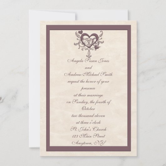 Ivory Plum Heart Wedding Invitation Kaart (Voorkant)