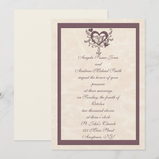 Ivory Plum Heart Wedding Invitation Kaart (Voorkant / Achterkant)