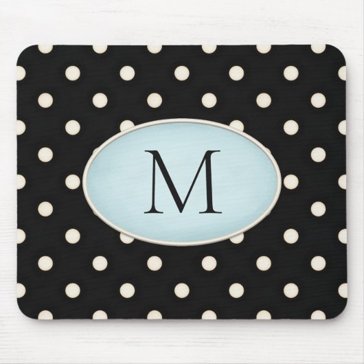Ivory Polka Dots Zwart & Bord Blauw Monogrammed Muismat (Voorkant)