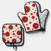 Ivory Red Dots Funky Whimsical Circle Pattern Ovenwant & Pannenlap Set (Voorkant / Achterkant)