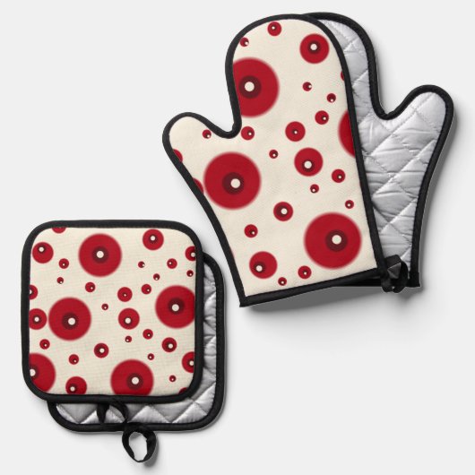 Ivory Red Dots Funky Whimsical Circle Pattern  Ovenwant & Pannenlap Set (Voorkant / Achterkant)