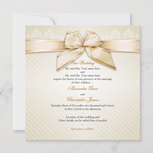 Ivory Ribbon Gold Stripes Wedding Invitation S2 Kaart (Voorkant)