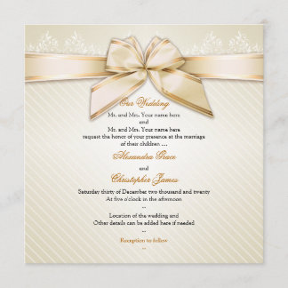 Ivory Ribbon Gold Stripes Wedding Invitation S2 Kaart