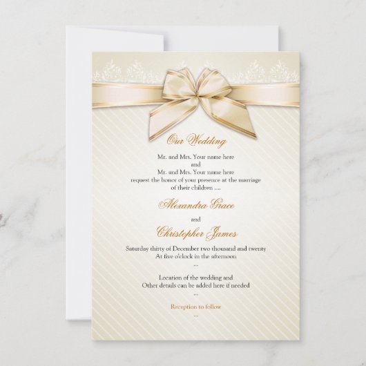 Ivory Ribbon Gold Stripes Wedding Invitation S3 Kaart (Voorkant)