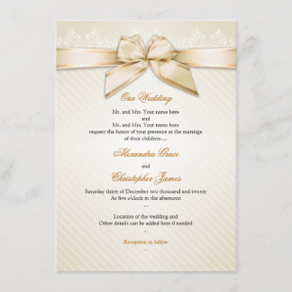 Ivory Ribbon Gold Stripes Wedding Invitation S3 Kaart