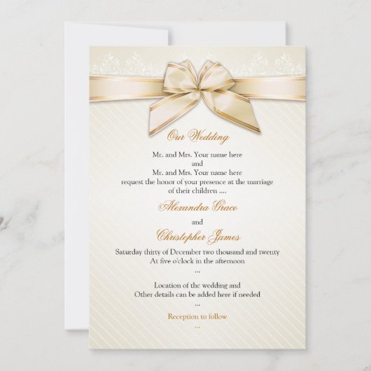 Ivory Ribbon Gold Stripes Wedding Invitation S5 Kaart (Voorkant)