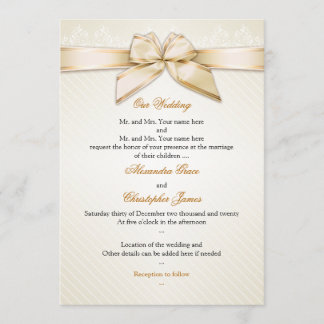 Ivory Ribbon Gold Stripes Wedding Invitation S5 Kaart