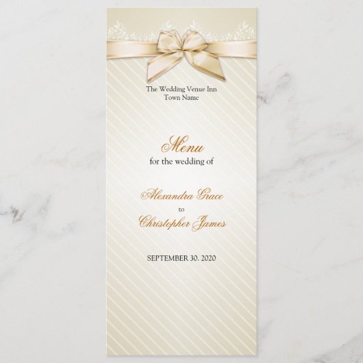 Ivory Ribbon Gold Stripes Wedding Menu (Voorkant)
