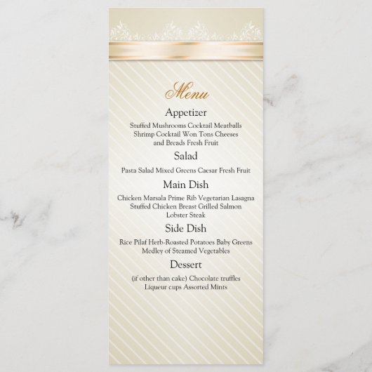Ivory Ribbon Gold Stripes Wedding Menu (Achterkant)
