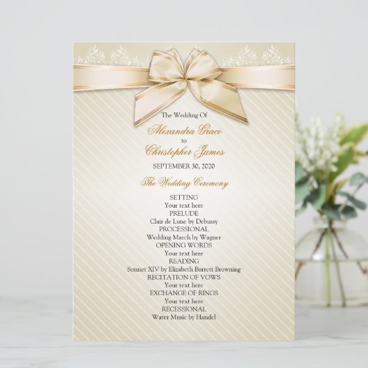 Ivory Ribbon Gold Stripes Wedding Programme Programmakaart (Staand voorkant)
