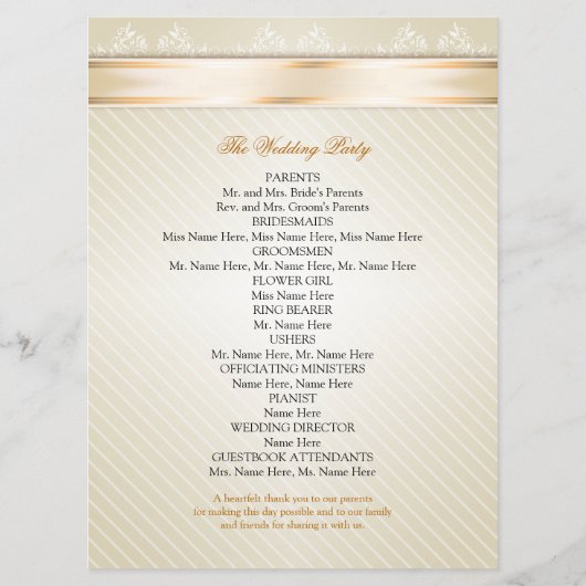 Ivory Ribbon Gold Stripes Wedding Programme Programmakaart (Achterkant)