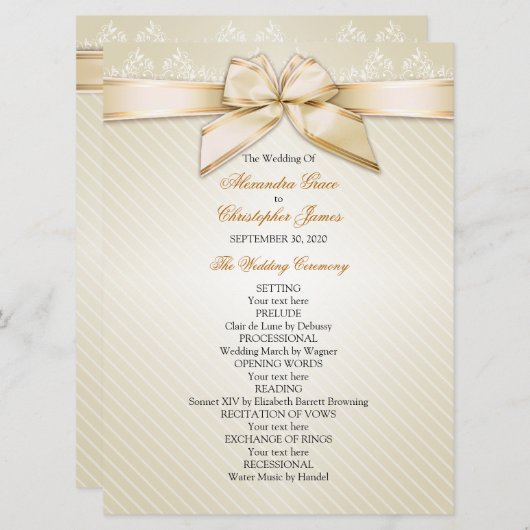 Ivory Ribbon Gold Stripes Wedding Programme Programmakaart (Voorkant / Achterkant)