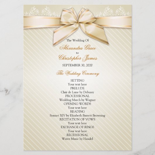 Ivory Ribbon Gold Stripes Wedding Programme Programmakaart (Voorkant)