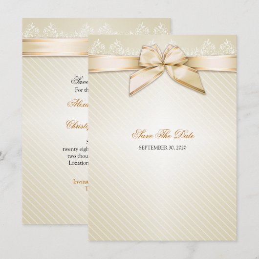 Ivory Ribbon Gold Stripes Wedding Save the Date S3 (Voorkant / Achterkant)