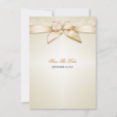 Ivory Ribbon Gold Stripes Wedding Save the Date S3 (Voorkant)