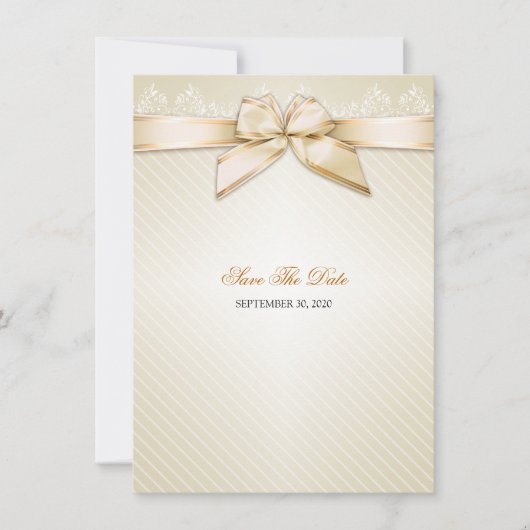 Ivory Ribbon Gold Stripes Wedding Save the Date S3 (Voorkant)