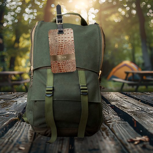 Ivory-rood reptielleder koper-metalen monogram bagagelabel