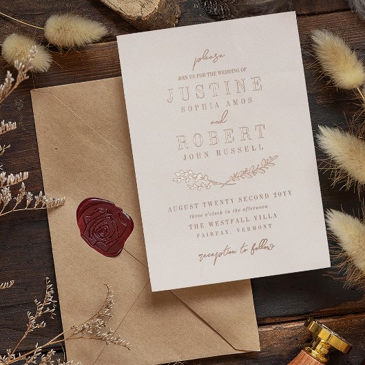 Ivory & Roos Gold Crossed Greenery Wedding Folie Uitnodiging